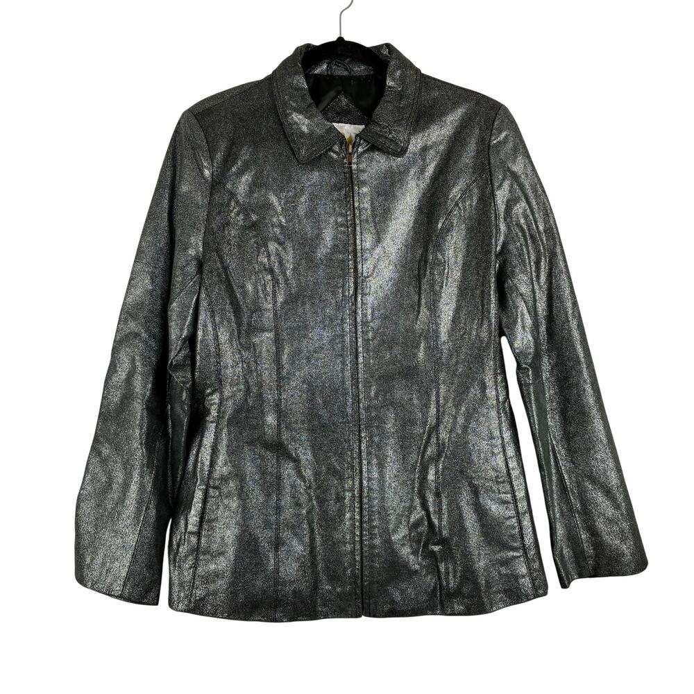 Ameri Mode 100% Genuine Leather Jacket Women’s Large Silver Sparkle Glitter Moto